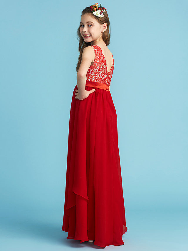 Flower Girl Dress with Chiffon Lace and Sash Ribbon Appliques - Sheath Column Jewel Neck Floor Length-BallBride