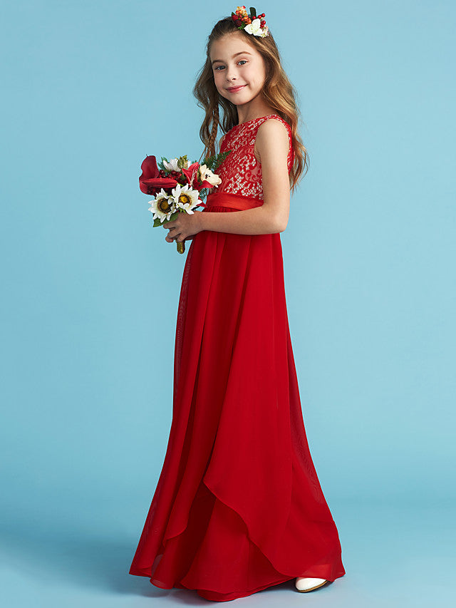 Flower Girl Dress with Chiffon Lace and Sash Ribbon Appliques - Sheath Column Jewel Neck Floor Length-BallBride