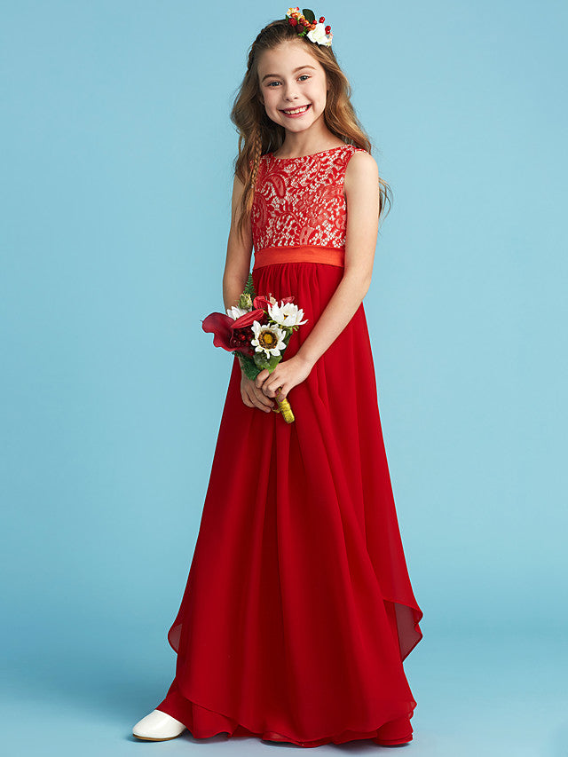 Flower Girl Dress with Chiffon Lace and Sash Ribbon Appliques - Sheath Column Jewel Neck Floor Length-BallBride