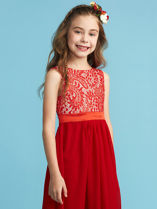 Flower Girl Dress with Chiffon Lace and Sash Ribbon Appliques - Sheath Column Jewel Neck Floor Length-BallBride