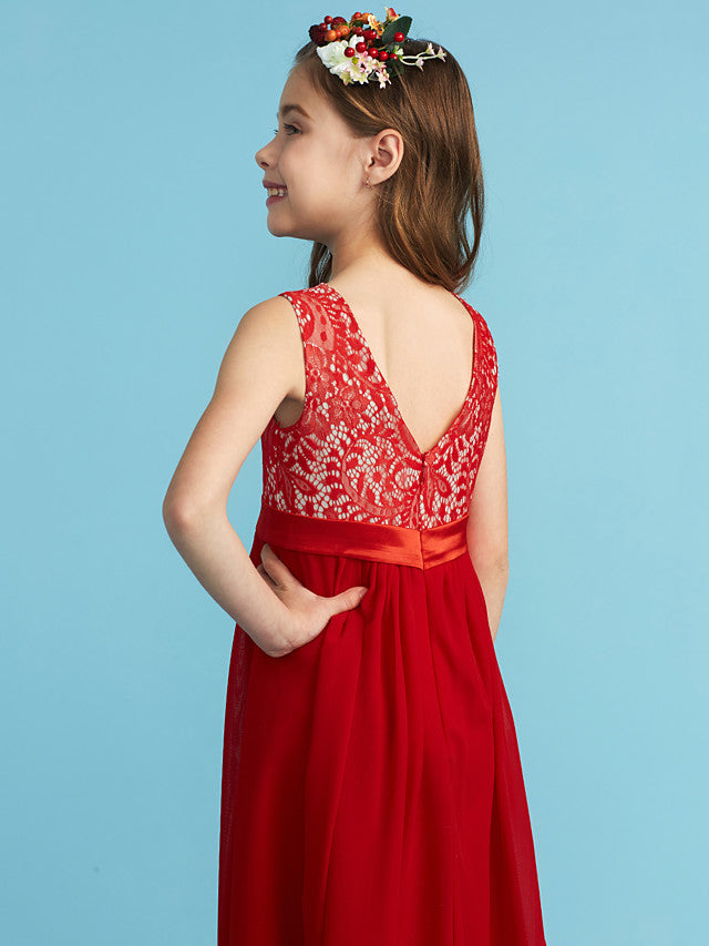 Flower Girl Dress with Chiffon Lace and Sash Ribbon Appliques - Sheath Column Jewel Neck Floor Length-BallBride