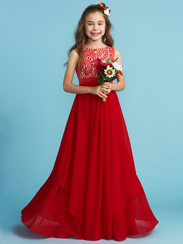 Flower Girl Dress with Chiffon Lace and Sash Ribbon Appliques - Sheath Column Jewel Neck Floor Length-BallBride