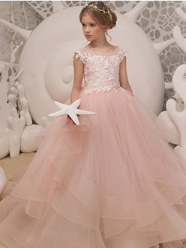 Flower Girl Dresses - Sleeveless Jewel Neck Ball Gown with Ruffles and Appliques-BallBride