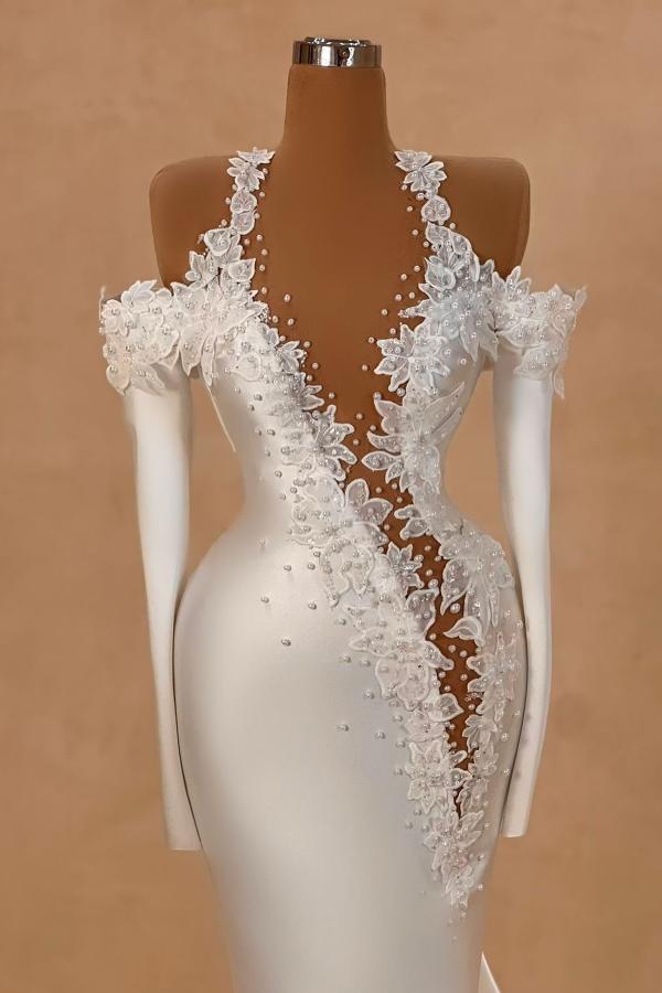 Flower Off The Shoulder Long Sleeve Mermaid Satin Long Prom Dress with Beads-BallBride