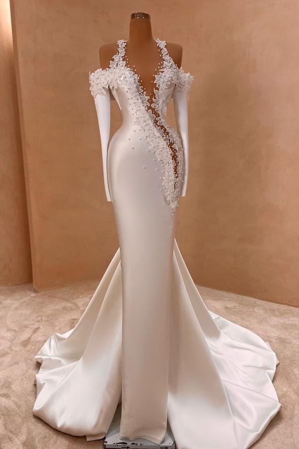 Flower Off The Shoulder Long Sleeve Mermaid Satin Long Prom Dress with Beads-BallBride