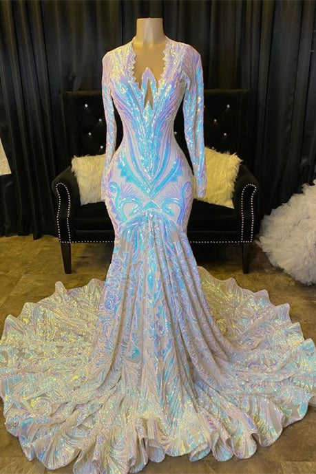 For Sale: Modern Long Sleeves V-Neck Mermaid Prom Dress with Sequins-BallBride