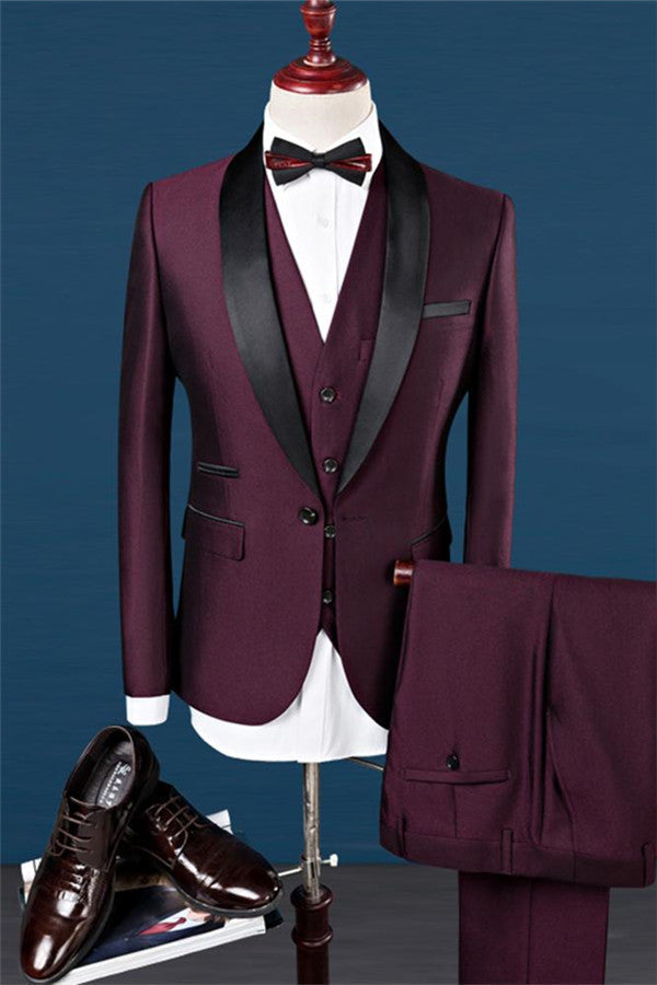 Formal Burgundy Slim Fit 3 Piece Shawl Lapel Groomsmen Suit-BallBride