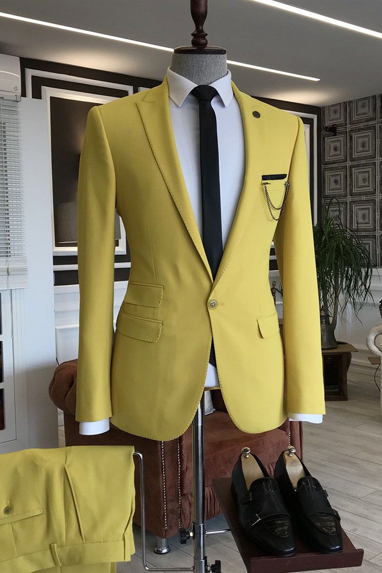 Formal Yellow Groom Suit With Peaked Lapel & One Button - 3 Flaps-BallBride