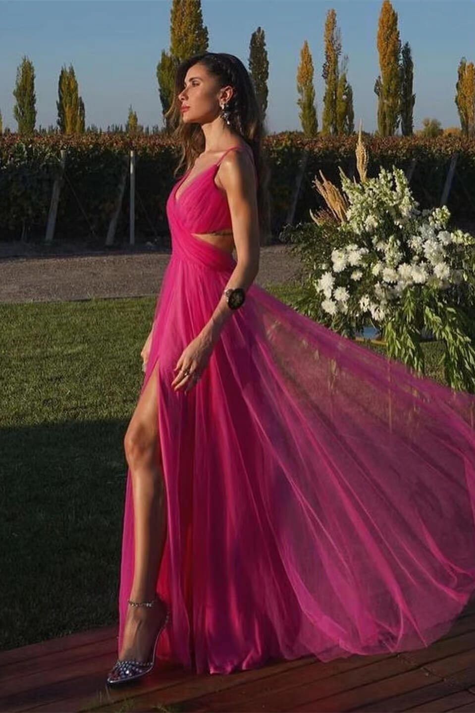 Fuchsia A-Line Tulle Prom Dress with Spaghetti Straps & Split-BallBride