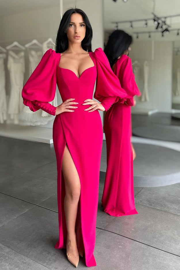 Fuchsia Long Sleeves Sweetheart Prom Dress Split Party Gowns-BallBride
