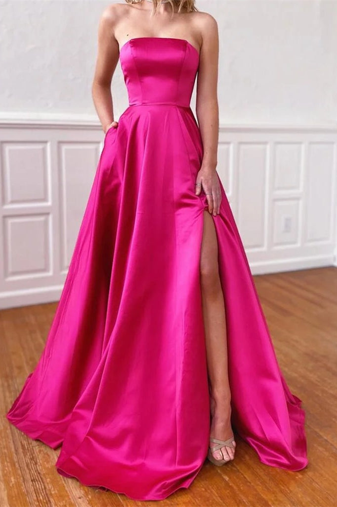 Fuchsia Strapless Prom Dress with Pockets and Side Split-BallBride