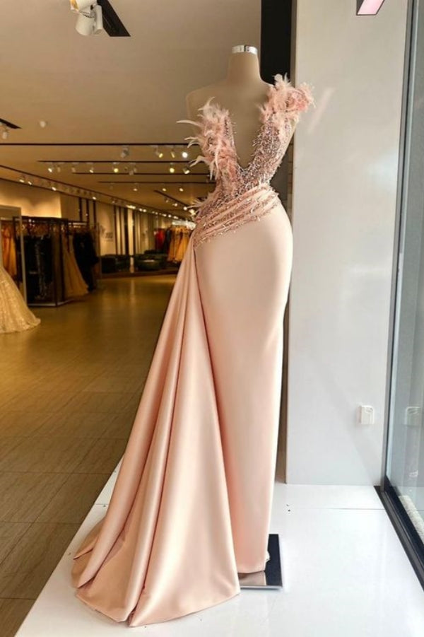 Fur Off The Shoulder V-neck Mermaid Satin Prom Dress with Sequins-BallBride