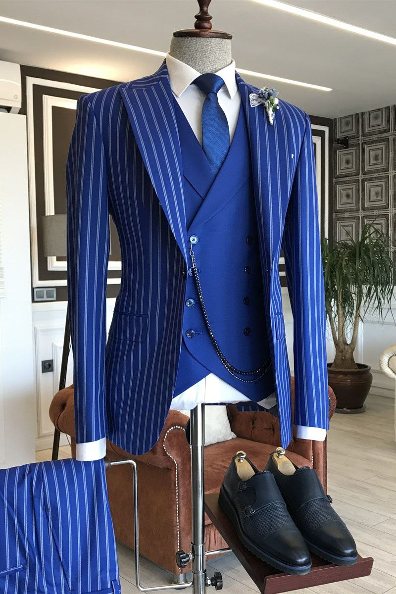 Gentle 3 Pieces Peaked Lapel Business Suit - Blue With Striped-BallBride
