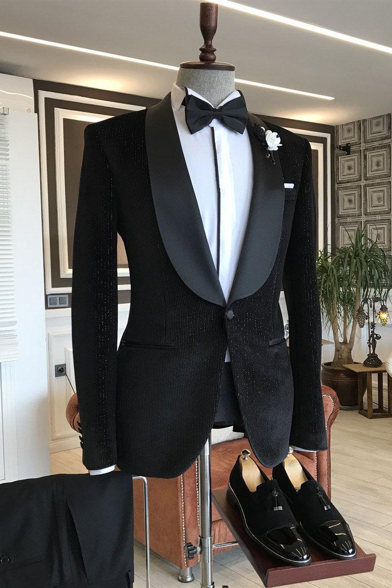 Gentle Black Sparkle Wedding Suits with Shawl Lapel and One Button Easy Fit-BallBride