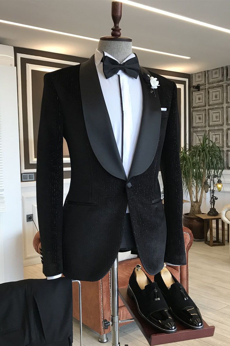 Gentle Black Sparkle Wedding Suits with Shawl Lapel and One Button Easy Fit-BallBride