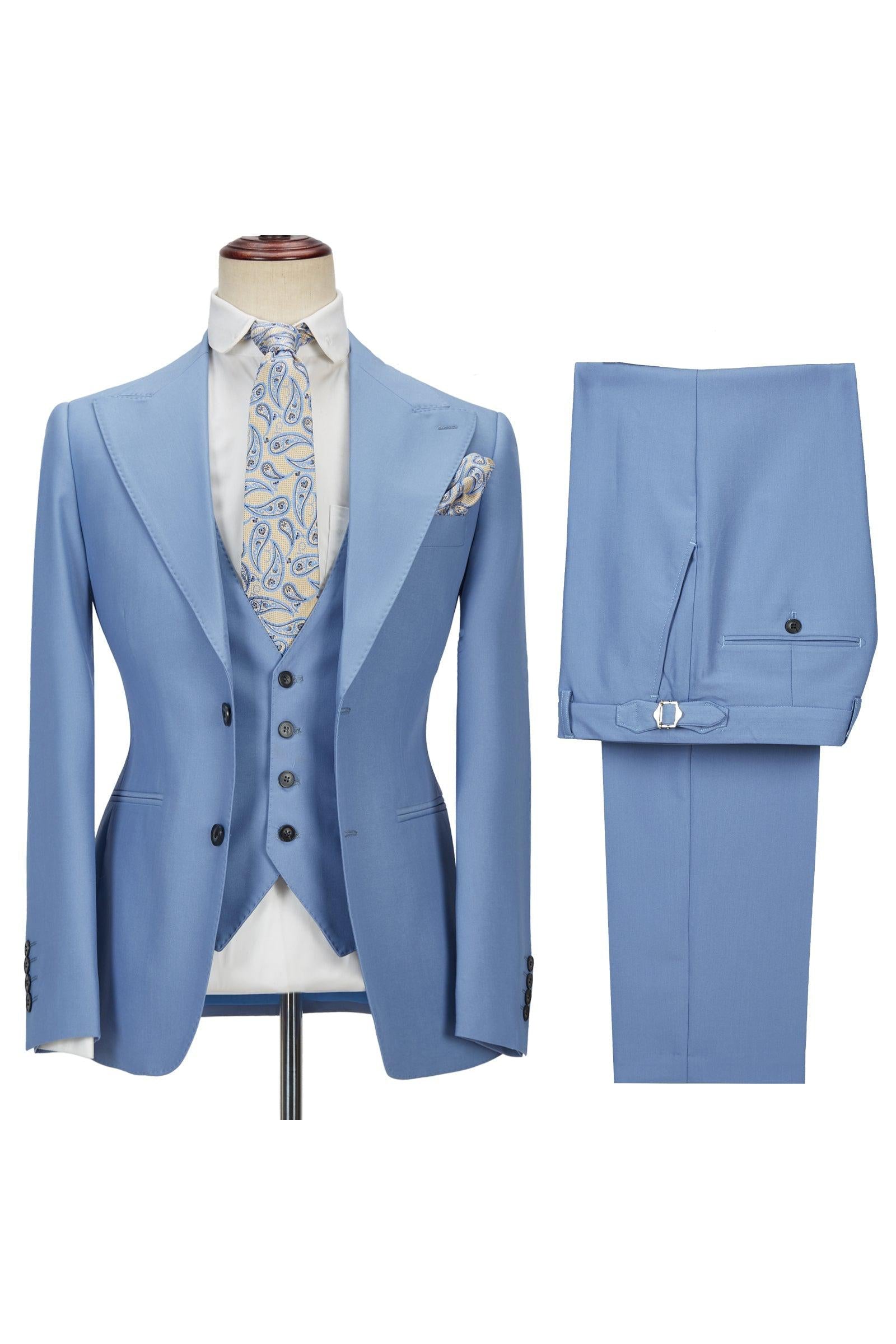 Gentle Blue Peak Lapel Men's Suit | 3 Piece Formal Suit without Flap-BallBride