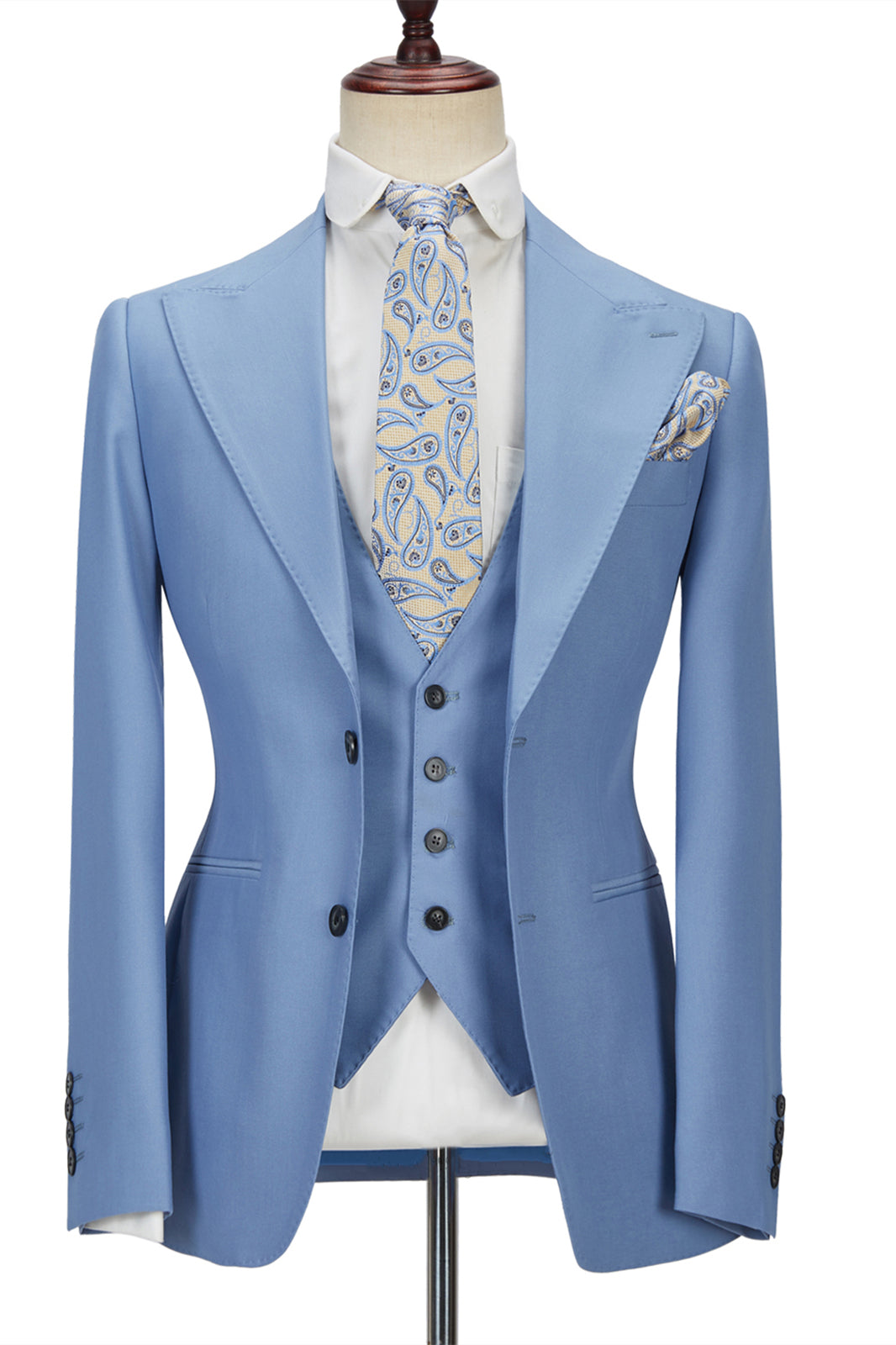 Gentle Blue Peak Lapel Men's Suit | 3 Piece Formal Suit without Flap-BallBride