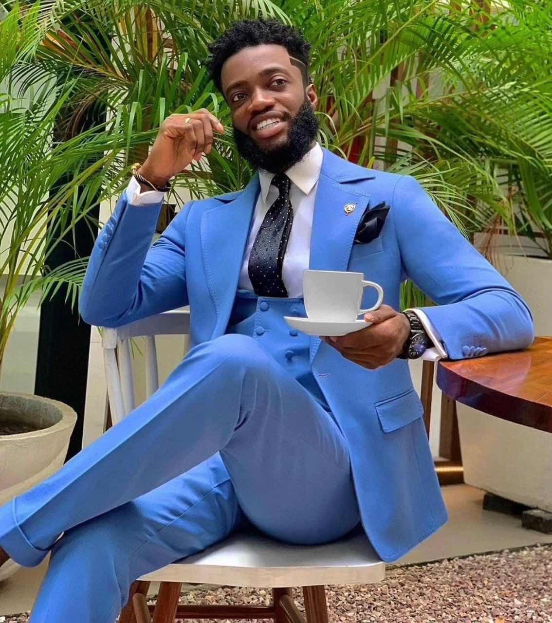 Gentle Blue Three Pieces Designer Wedding Suits for Men-BallBride