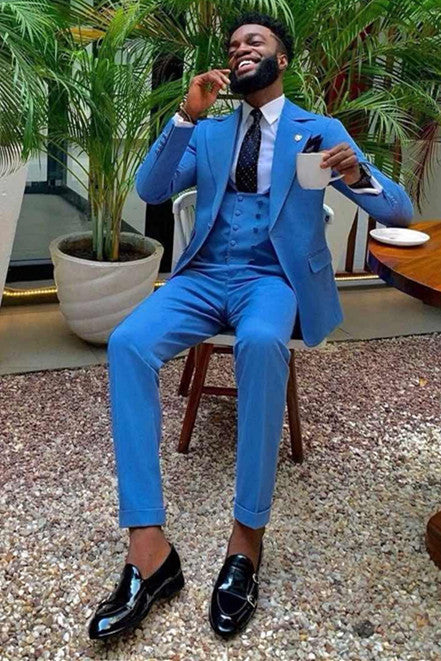 Gentle Blue Three Pieces Designer Wedding Suits for Men-BallBride