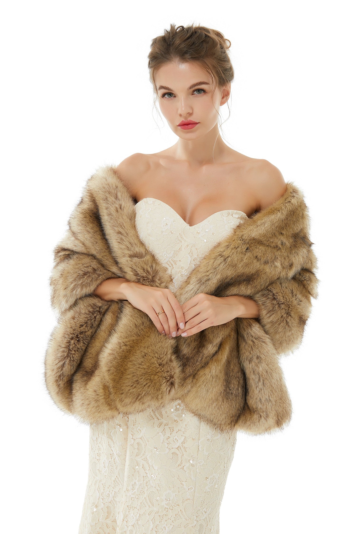 Gentle Brown Faux Fur Wedding Shawl for the Bride-BallBride