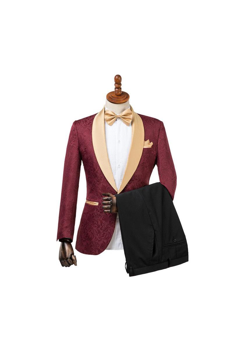 Gentle Burgundy Shawl Lapel Men's Wedding Suit With Jacquard-BallBride