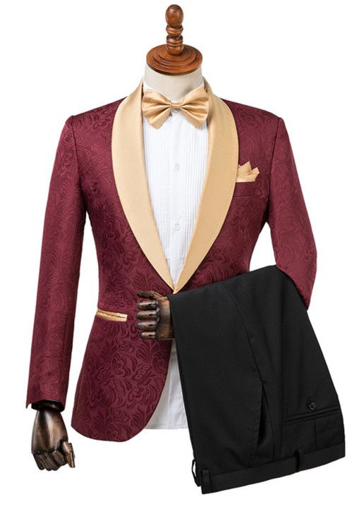 Gentle Burgundy Shawl Lapel Men's Wedding Suit With Jacquard-BallBride