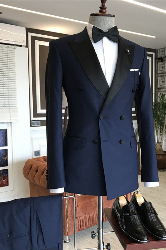 Gentle Dark Navy Prom Suits for Guys with Double Breasted Peaked Lapel-BallBride