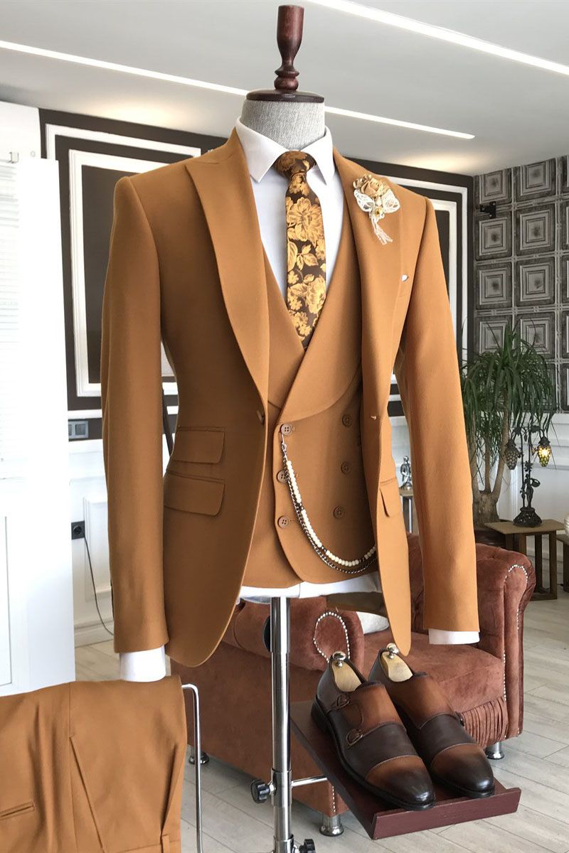 Gentle Double Breasted Prom Outfit for Men - Orange Peaked Lapel-BallBride