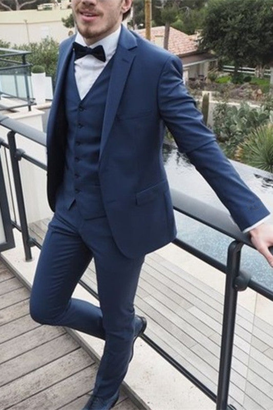 Gentle Slim Fit Notched Lapel Dark Navy 3-Piece Party Prom Suits-BallBride