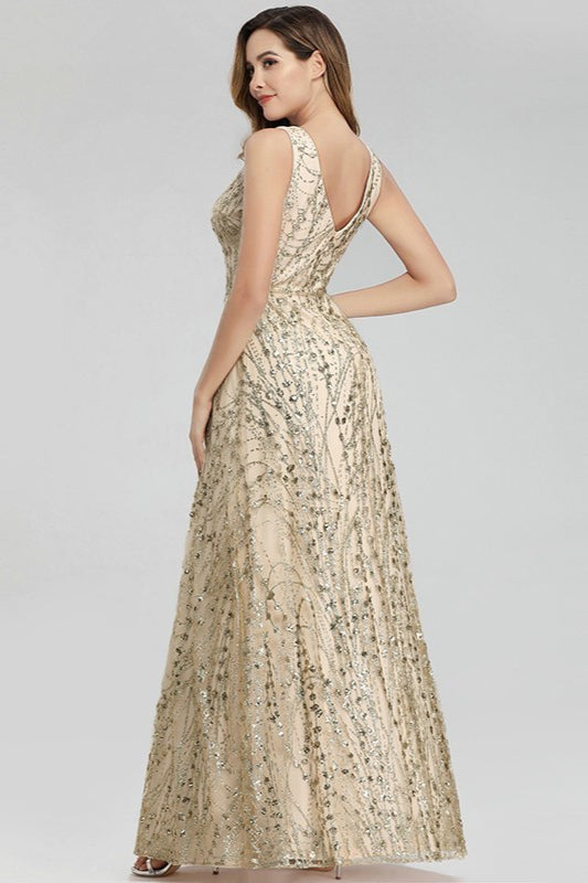 Glam Up with Chic V-Neck Gold Crystal Long Prom Dress Online-BallBride