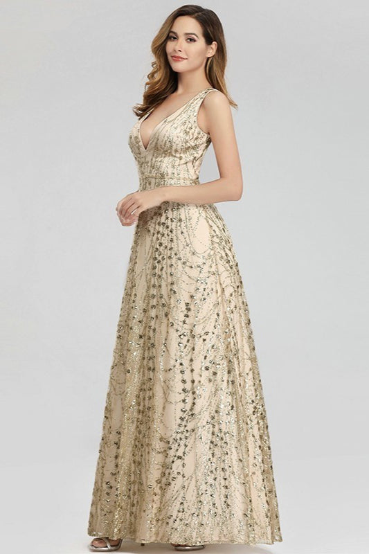 Glam Up with Chic V-Neck Gold Crystal Long Prom Dress Online-BallBride