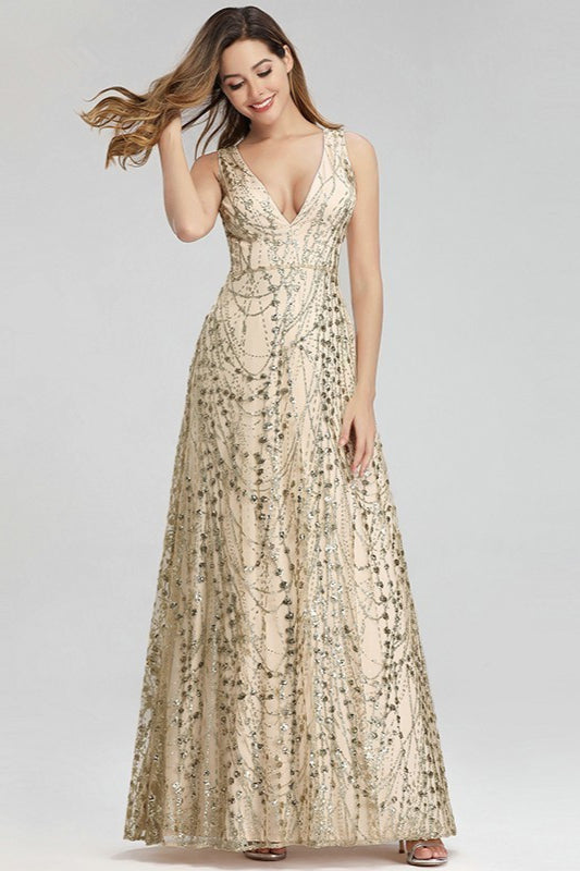 Glam Up with Chic V-Neck Gold Crystal Long Prom Dress Online-BallBride