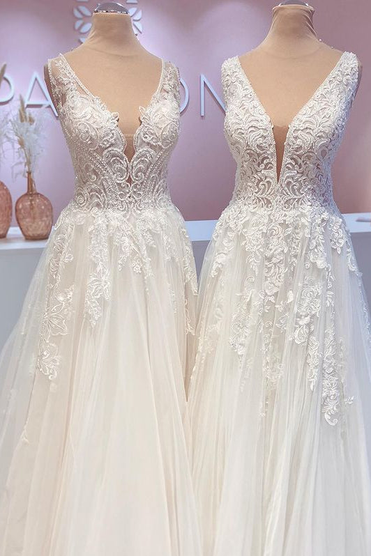 Glamorous A-Line Lace Wedding Dress With Wide Straps & Tulle Appliques-BallBride