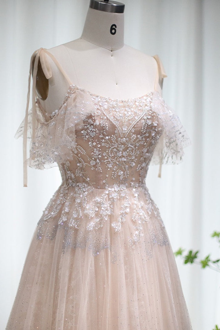 Glamorous A Line Spaghetti Strap Tulle Prom Dress With Diamond Appliques-BallBride