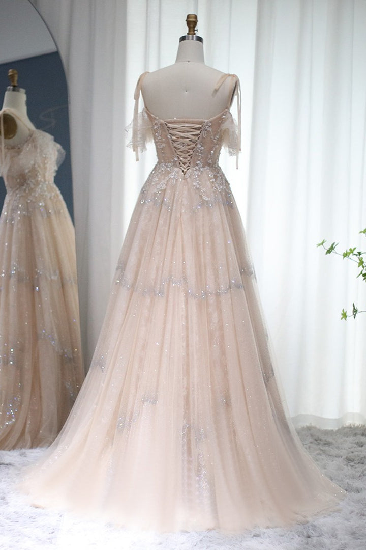 Glamorous A Line Spaghetti Strap Tulle Prom Dress With Diamond Appliques-BallBride