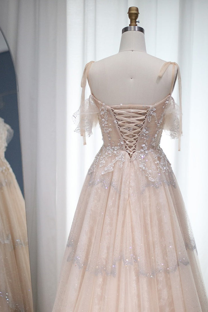 Glamorous A Line Spaghetti Strap Tulle Prom Dress With Diamond Appliques-BallBride