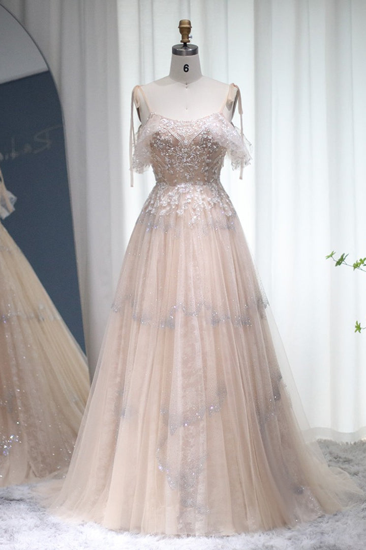 Glamorous A Line Spaghetti Strap Tulle Prom Dress With Diamond Appliques-BallBride