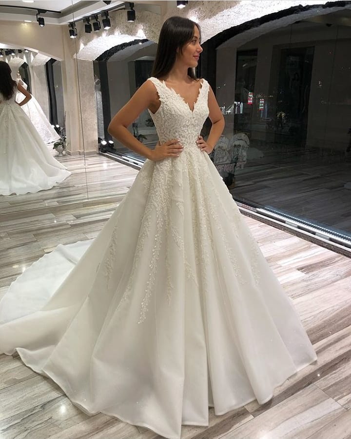 Glamorous A-line V-neck Sleeveless Long Wedding Dress With Lace-BallBride