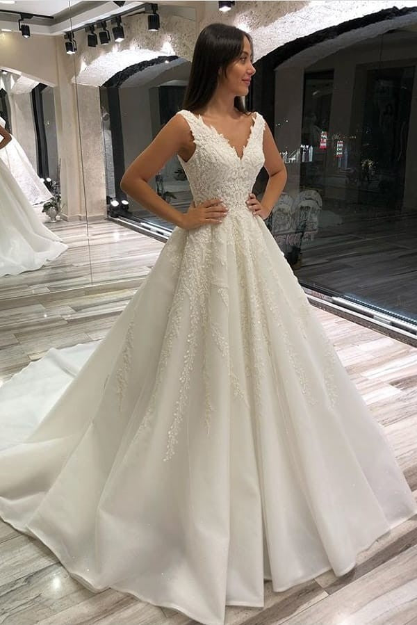 Glamorous A-line V-neck Sleeveless Long Wedding Dress With Lace-BallBride