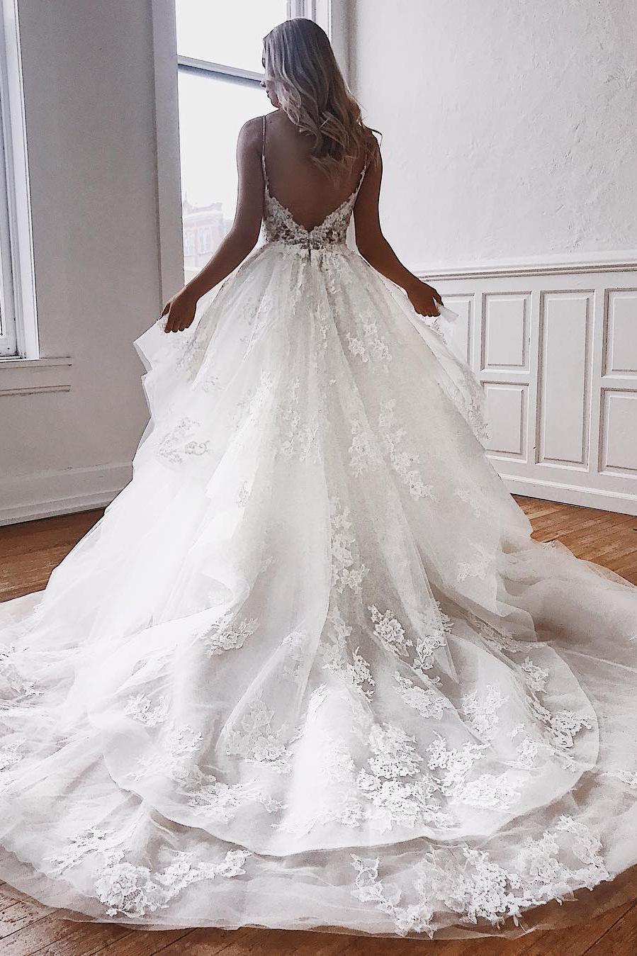 Glamorous A-Line Wedding Dress with Spaghetti Straps and Lace Appliques-BallBride