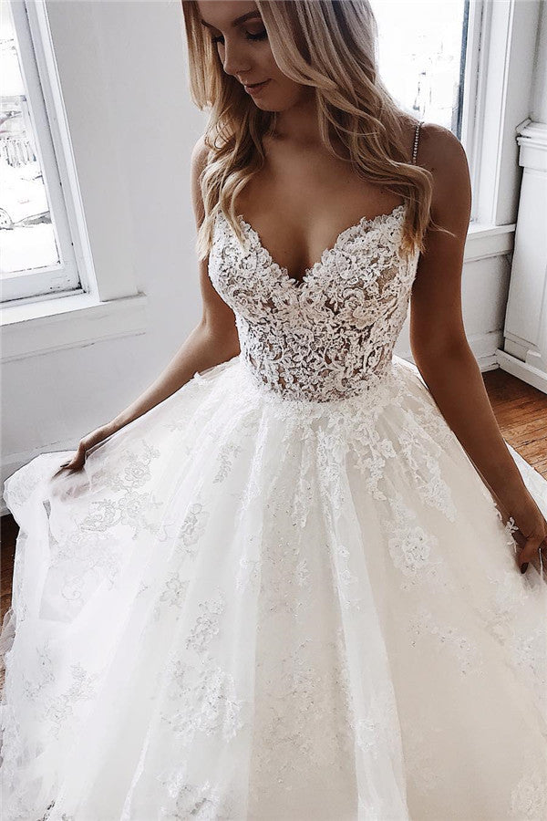 Glamorous A-Line Wedding Dress with Spaghetti Straps and Lace Appliques-BallBride
