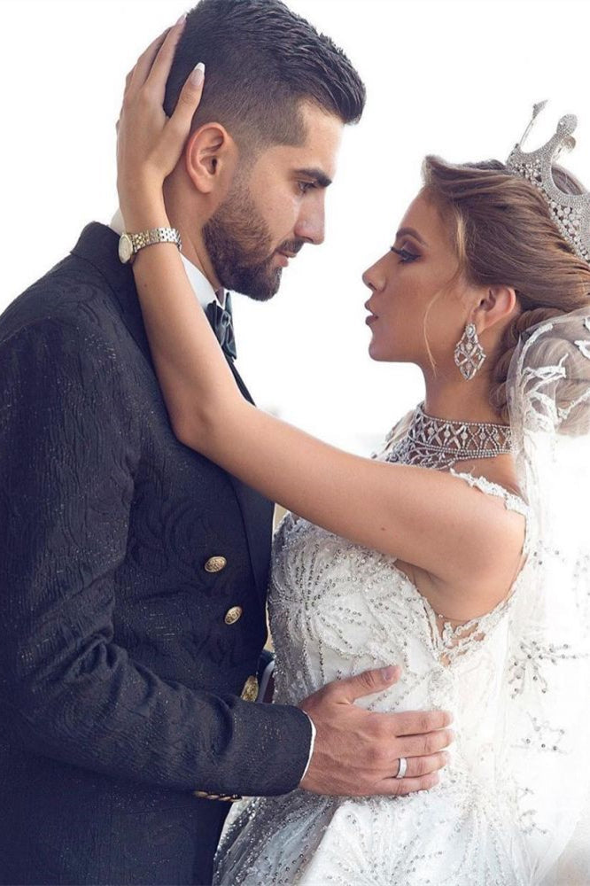 Glamorous Ball Gown Wedding Dress with Cap Sleeves and Beadings-BallBride