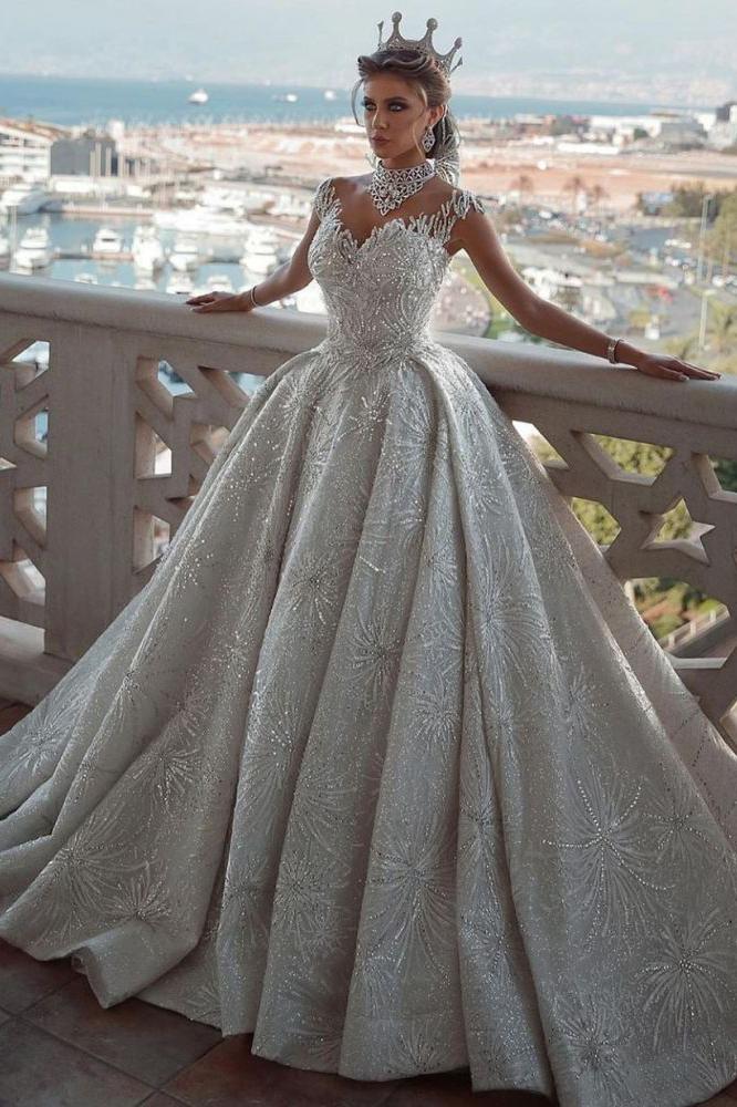 Glamorous Ball Gown Wedding Dress with Cap Sleeves and Beadings-BallBride