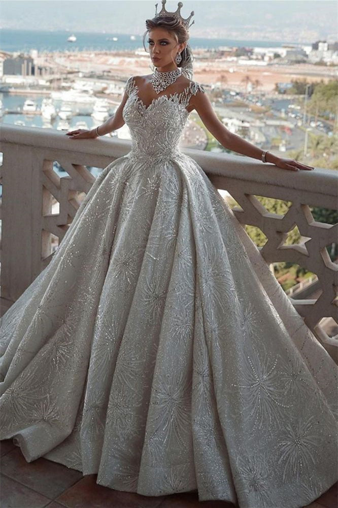 Glamorous Ball Gown Wedding Dress with Cap Sleeves and Beadings-BallBride