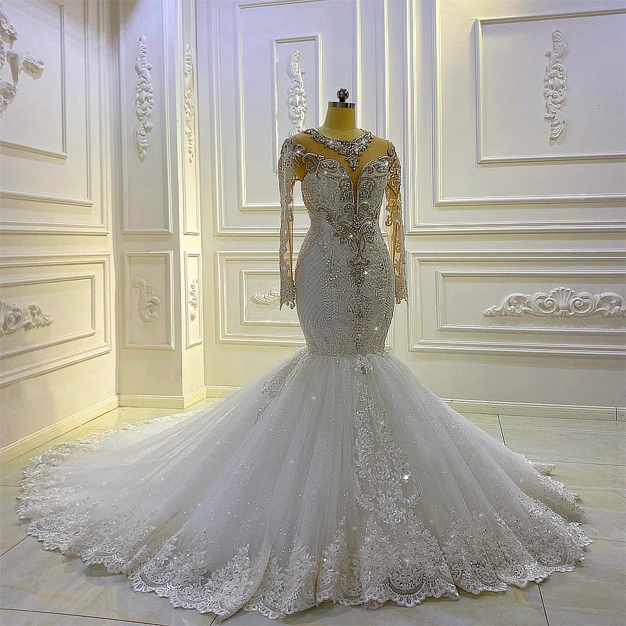 Glamorous Bateau Long Sleeves Pearl Sequins Mermaid Wedding Dress with Lace Appliques Beading-BallBride