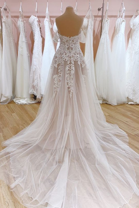 Glamorous Bateau Mermaid Wedding Dress with Appliques Lace Tulle-BallBride