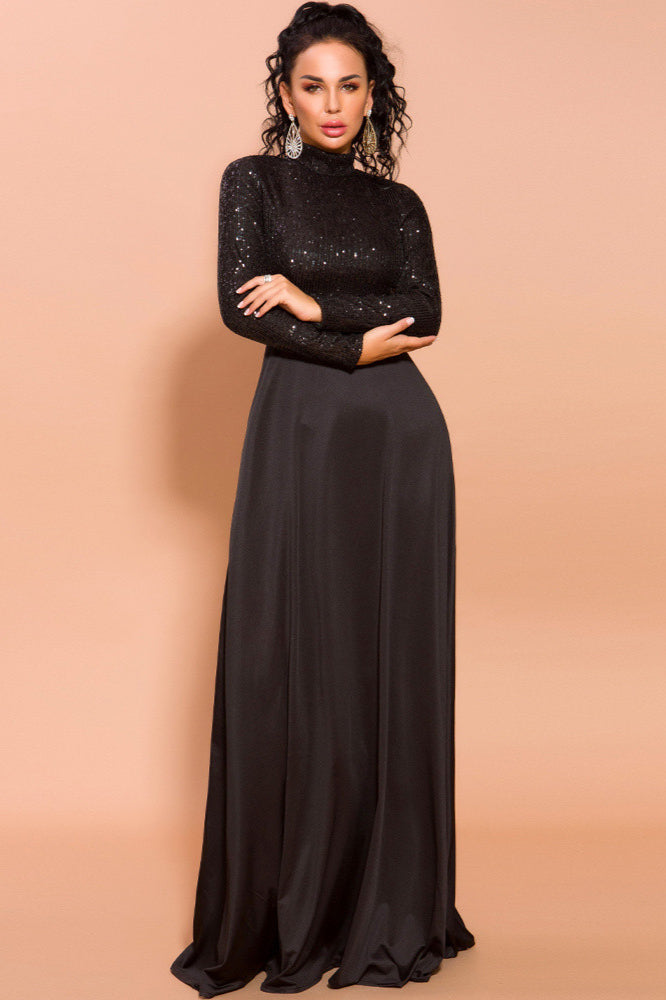 Glamorous Black Long Sleeve Prom Dress with Sequins High-Neck Evening Gowns-BallBride