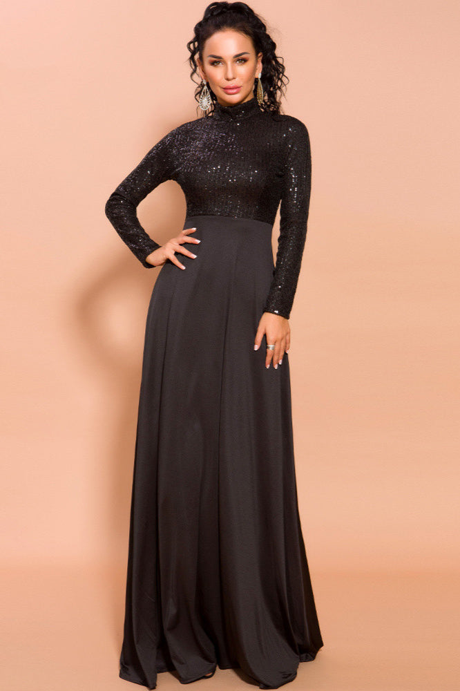 Glamorous Black Long Sleeve Prom Dress with Sequins High-Neck Evening Gowns-BallBride