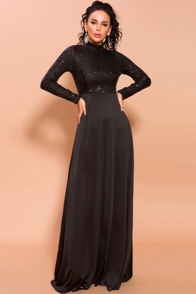 Glamorous Black Long Sleeve Prom Dress with Sequins High-Neck Evening Gowns-BallBride