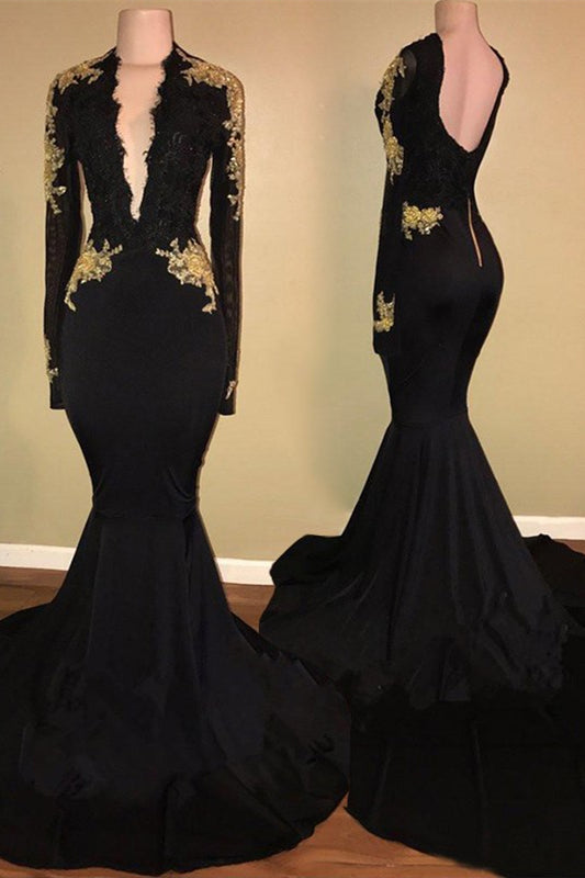 Glamorous Black Mermaid Porm Dress with Gold Appliques-BallBride
